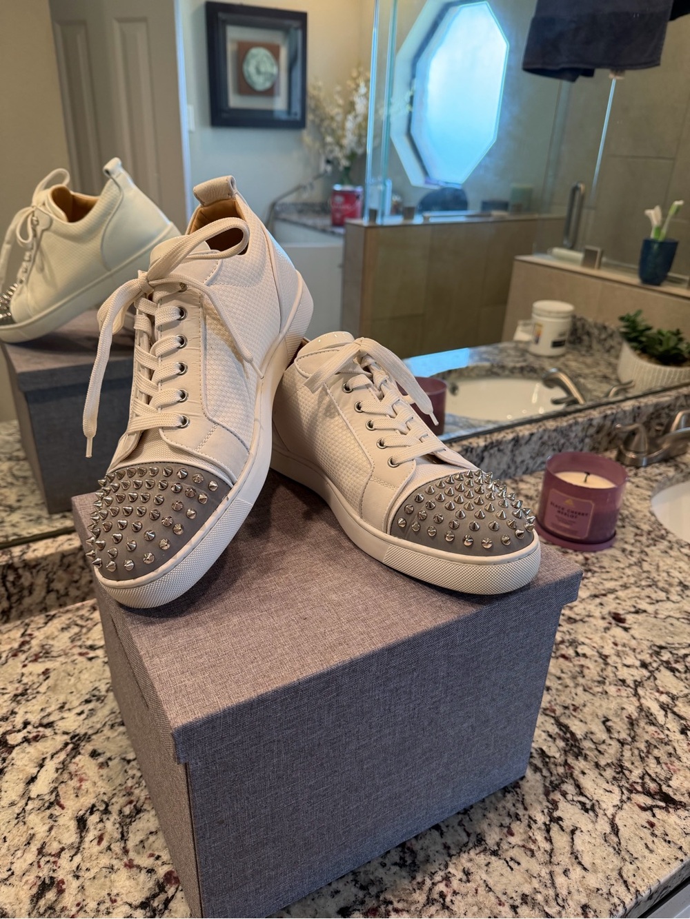 Christian Louboutin White Lace-Up Sneakers with Silver Studded Toe